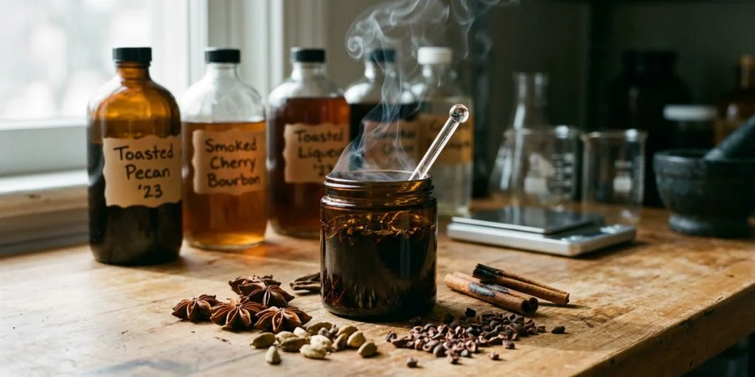 Advanced techniques in homemade liqueur making including multi-stage infusions layered liqueurs toasted ingredients and smoked infusions