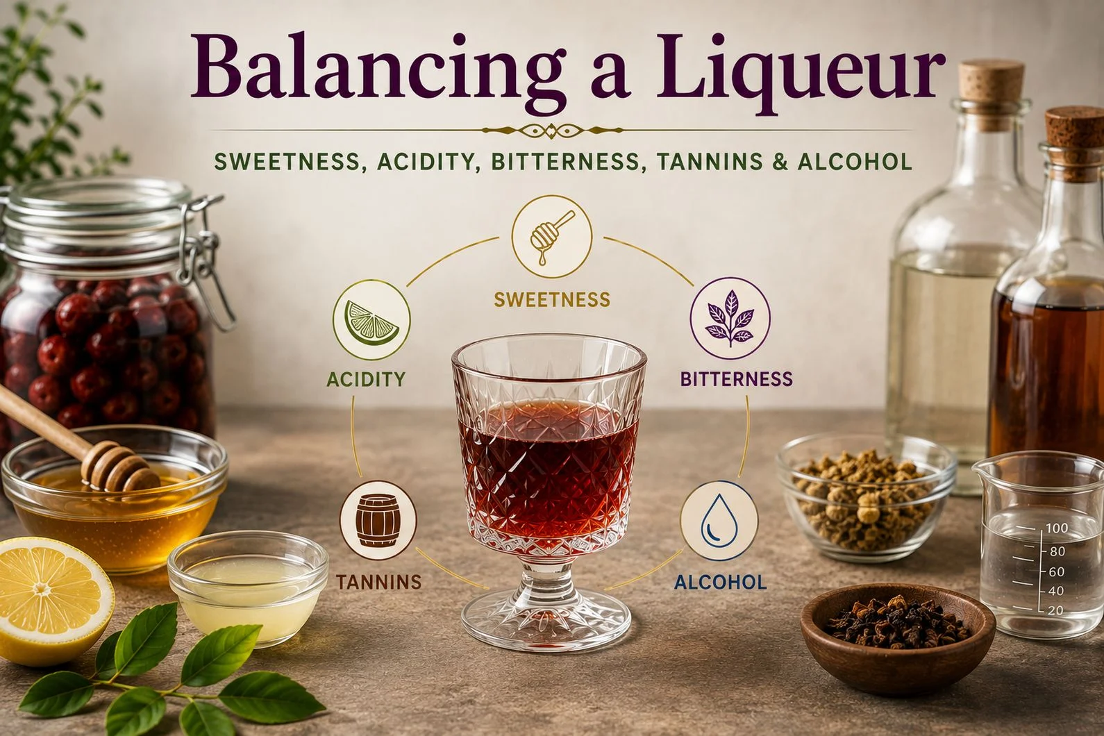 Balancing sweetness, acidity, bitterness, tannins and alcohol in homemade liqueurs