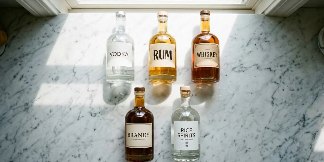 Different alcohol bases for homemade liqueur making including vodka rum whiskey brandy and rice spirits