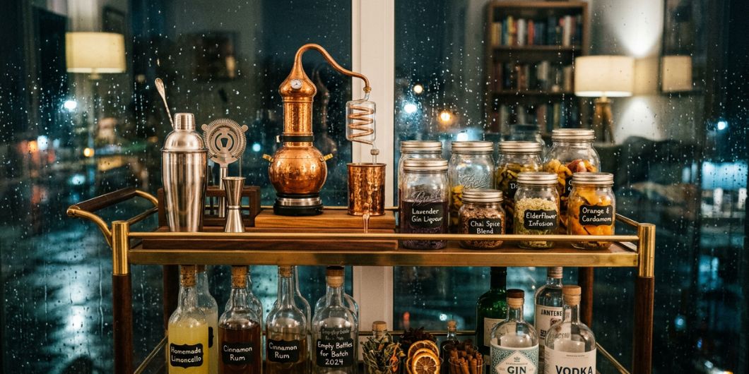 Essential tools and equipment for homemade liqueur making including jars bottles funnel filters and measuring tools