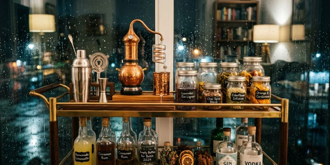 Essential tools and equipment for homemade liqueur making including jars bottles funnel filters and measuring tools