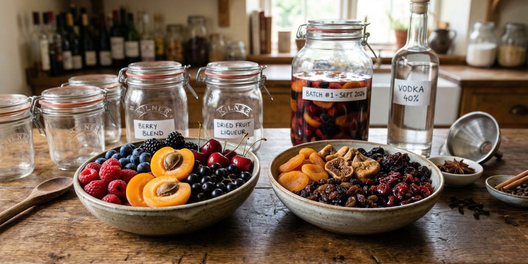 Fresh fruit and dried fruit side by side for liqueur making