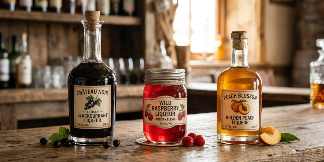 Three fruit liqueur styles shown as jars or bottles with different colors