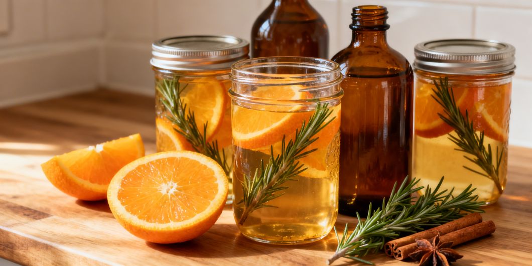 Homemade liqueur making setup with infusion jars bottles fruits herbs spices and alcohol