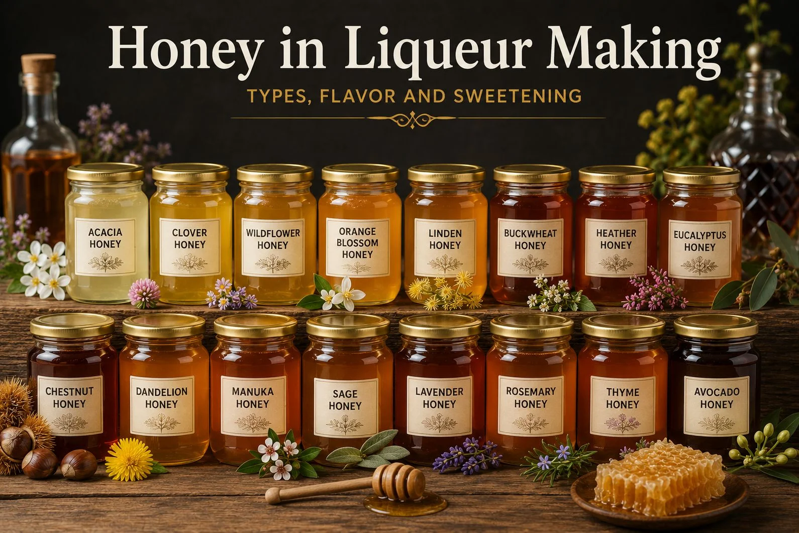 Different types of honey used for homemade liqueur making