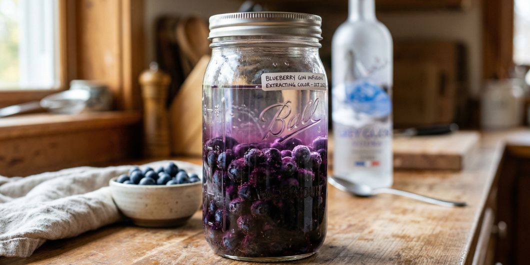 Fruit steeping in alcohol showing color extraction in a glass jar