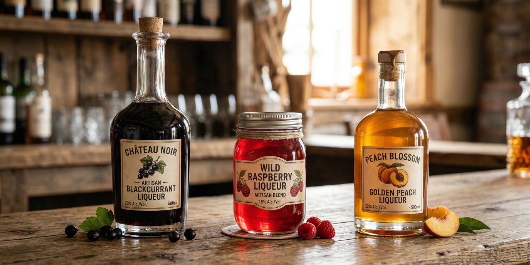 Three fruit liqueur styles shown as jars or bottles with different colors