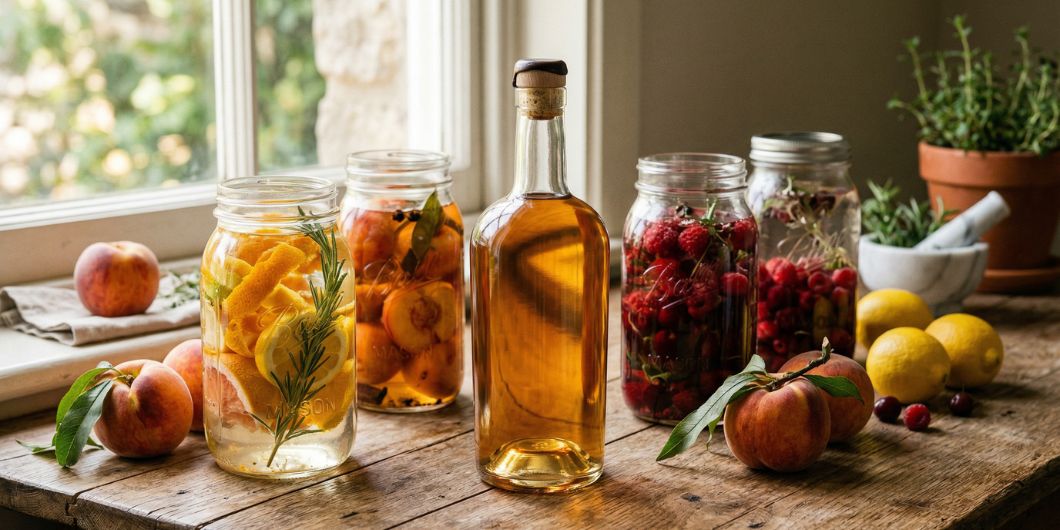 Homemade fruit liqueur jars and bottles on wooden surface with fresh fruit