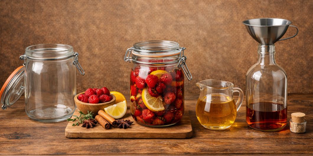 Homemade liqueur process from jar to bottle