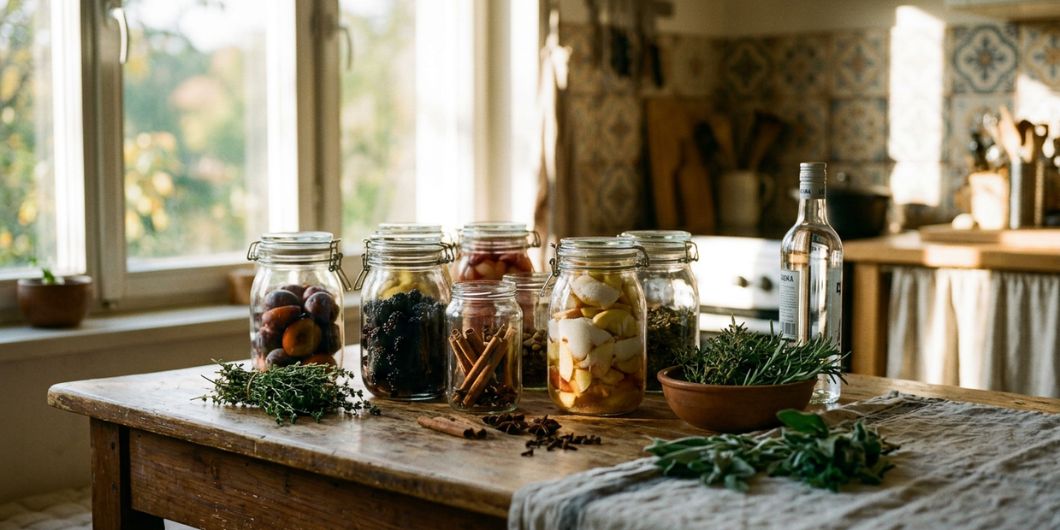 Infusion and extraction process for homemade liqueur with jars fruit herbs spices and alcohol