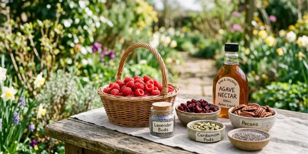 Ingredients for homemade liqueur making including fruits dried fruits nuts seeds herbs spices and sweeteners