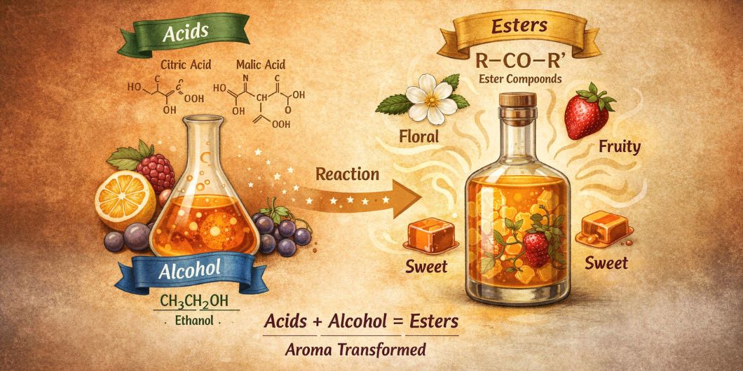 Illustration of acids and esters shaping aroma in liqueur