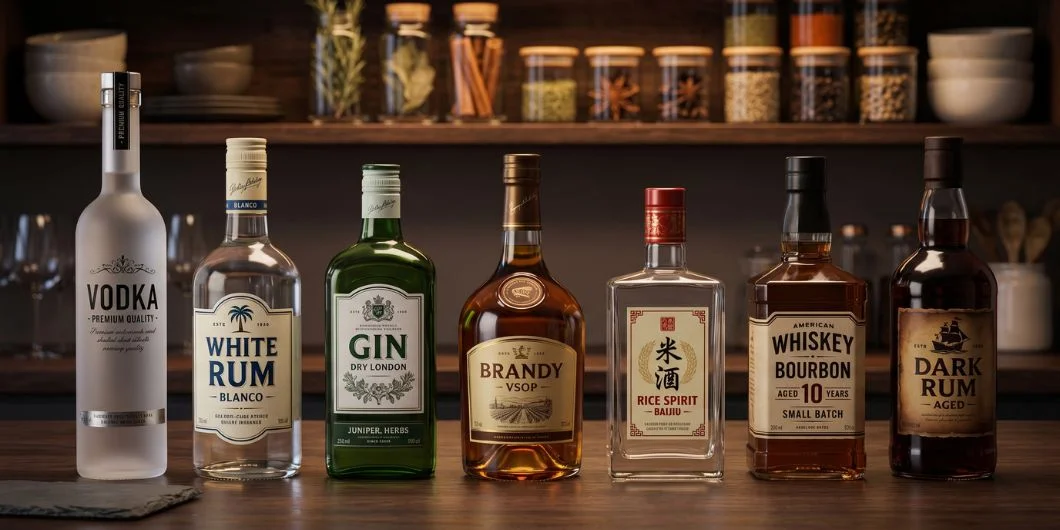 Different alcohol bases for liqueur infusion including vodka rum and brandy