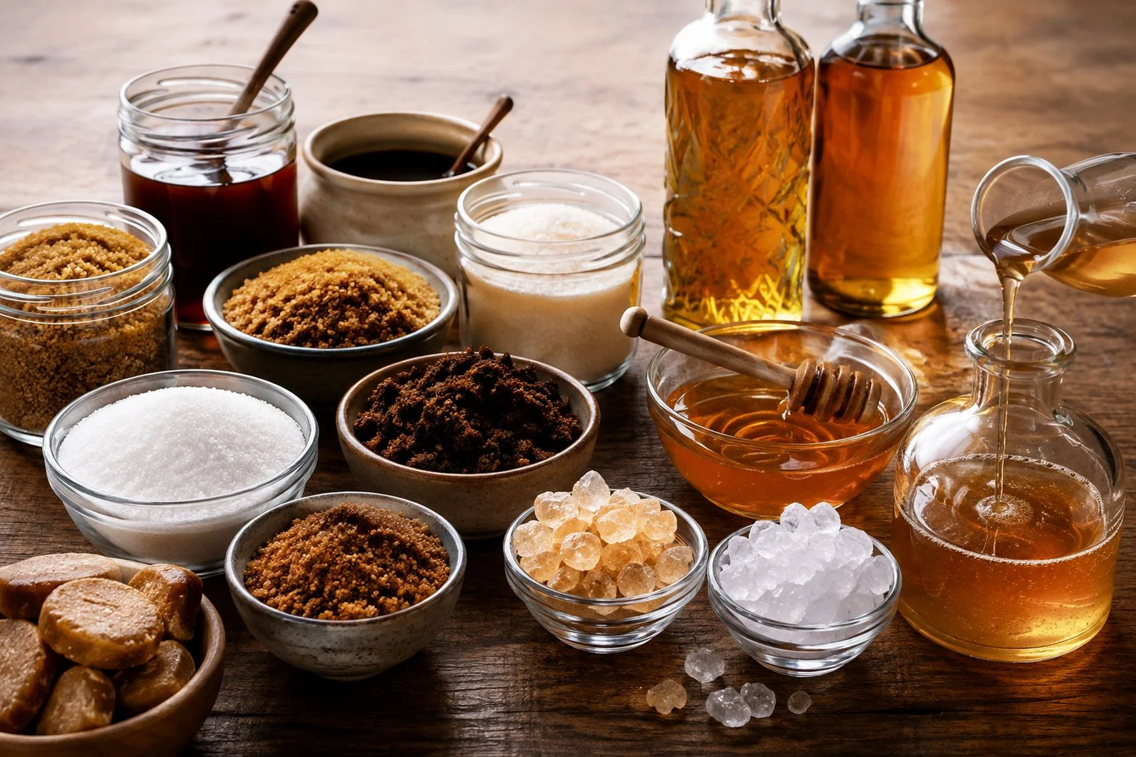 Selection of sugars, honey and syrups used in homemade liqueur making