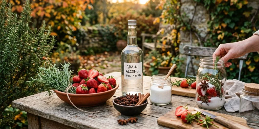 Homemade liqueur ingredients with alcohol base fruits herbs spices and sugar