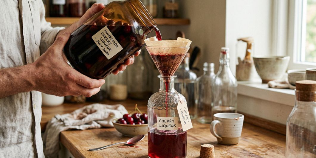 Filtering homemade fruit liqueur through a coffee filter into a bottle