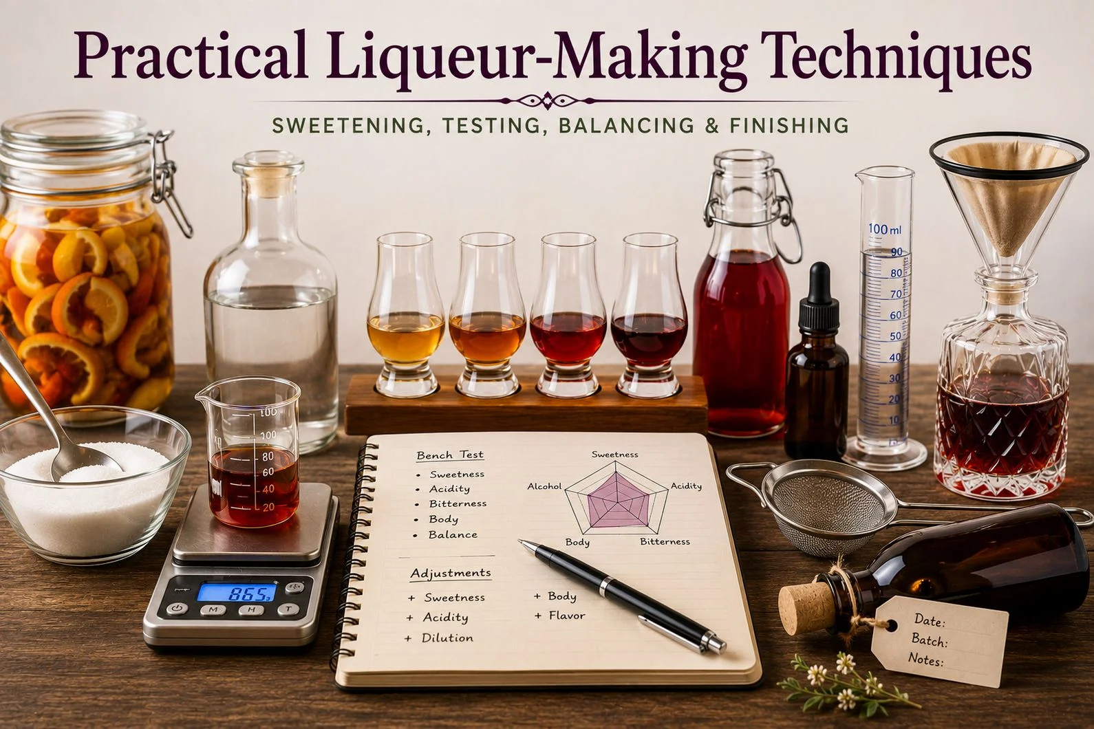 Practical techniques for sweetening, testing, balancing and finishing homemade liqueurs