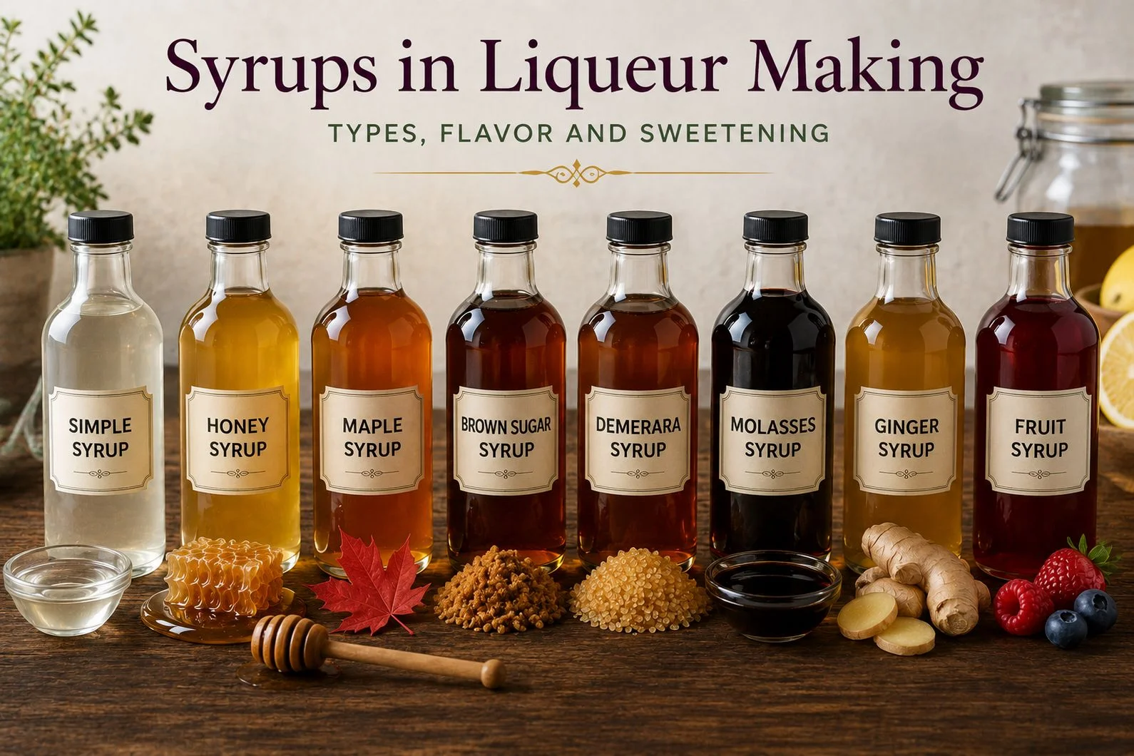 Different types of syrups used for homemade liqueur making
