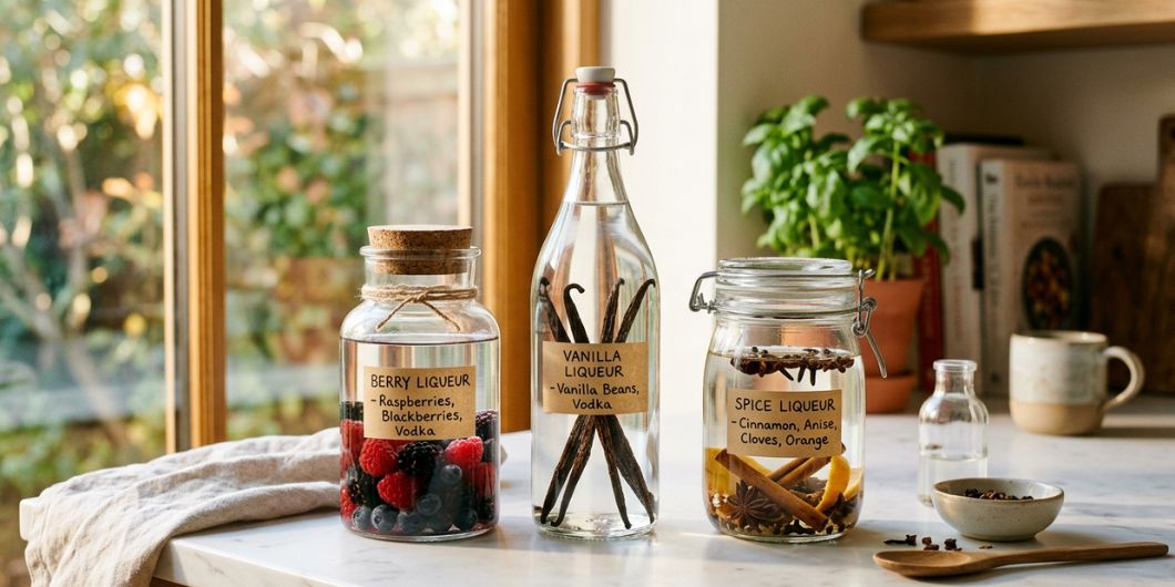 Three simple starter liqueur recipes with berry vanilla spice and coffee liqueur ingredients in jars and bottles