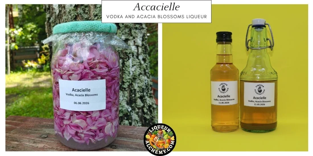 Acacielle liqueur during maceration and finished bottled liqueur