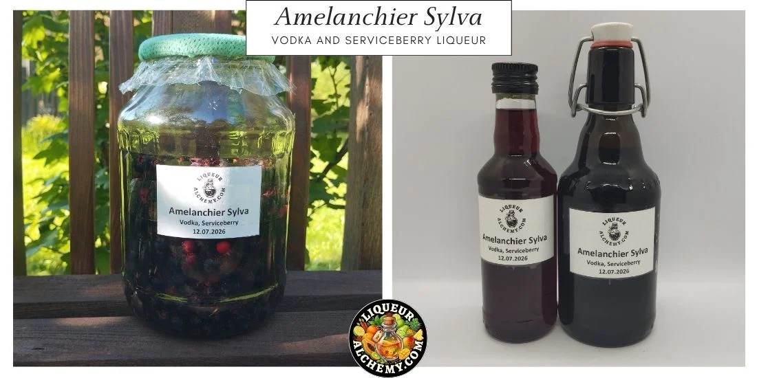 Amelanchier Sylva liqueur during maceration and finished bottled liqueur