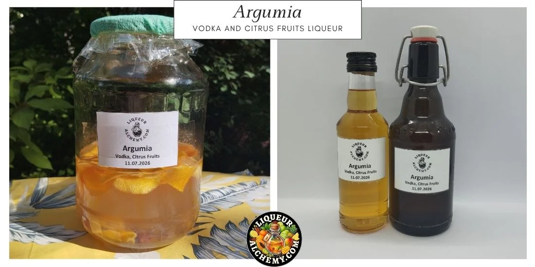 Argumia liqueur during maceration and finished bottled liqueur