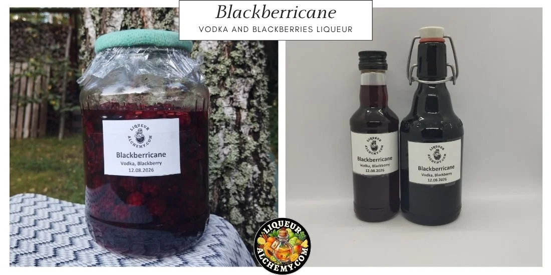 Blackberricane liqueur during maceration and finished bottled liqueur