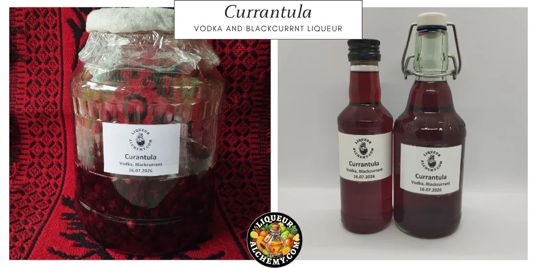Currantula liqueur during maceration and finished bottled liqueur