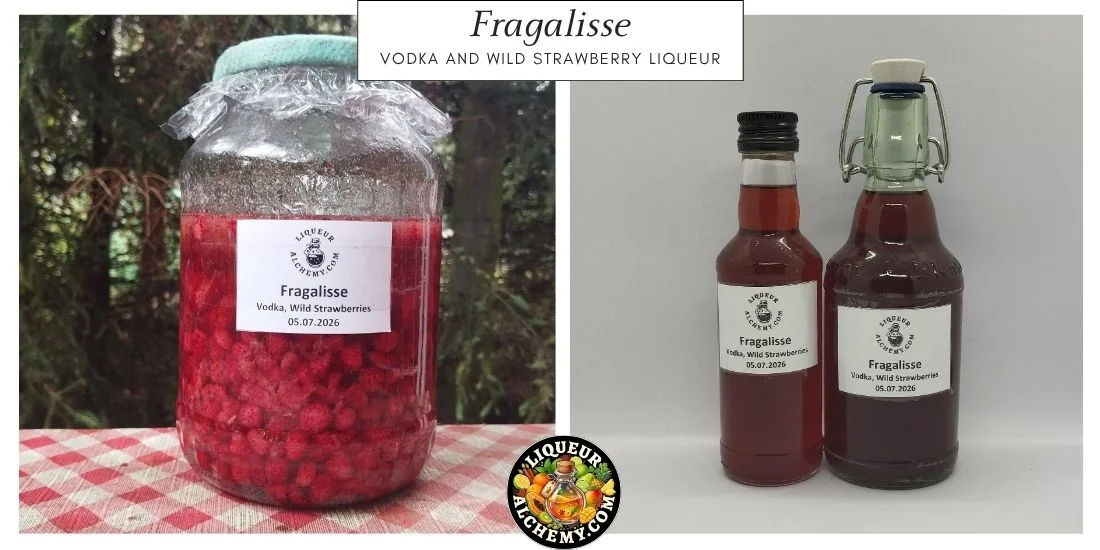 Fragalisse liqueur during maceration and finished bottled liqueur