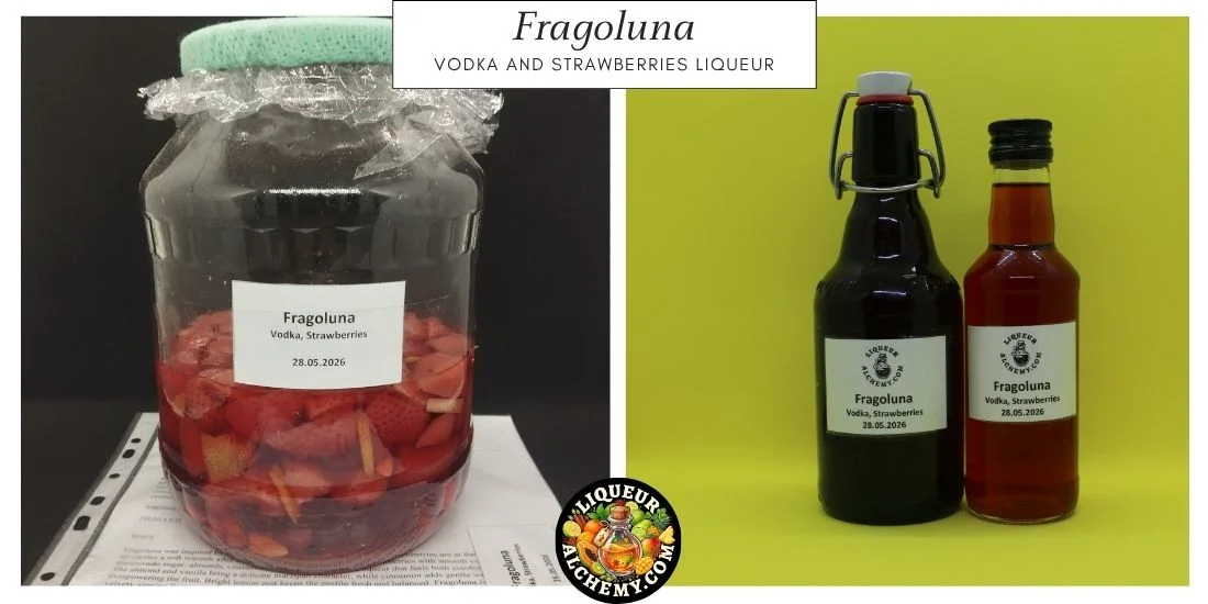 Fragoluna liqueur during maceration and finished bottled liqueur