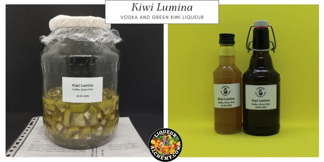Kiwi Lumina liqueur during maceration and finished bottled liqueur