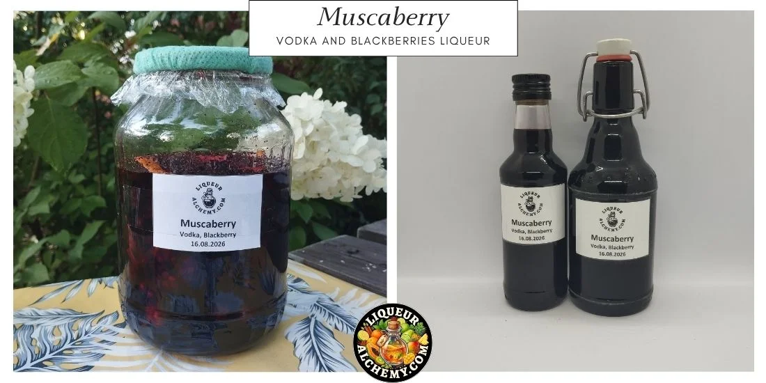 Muscaberry liqueur during maceration and finished bottled liqueur