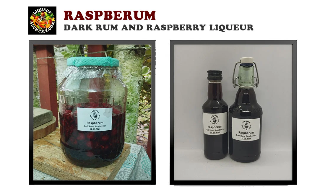 Raspberum liqueur during maceration and finished bottled liqueur